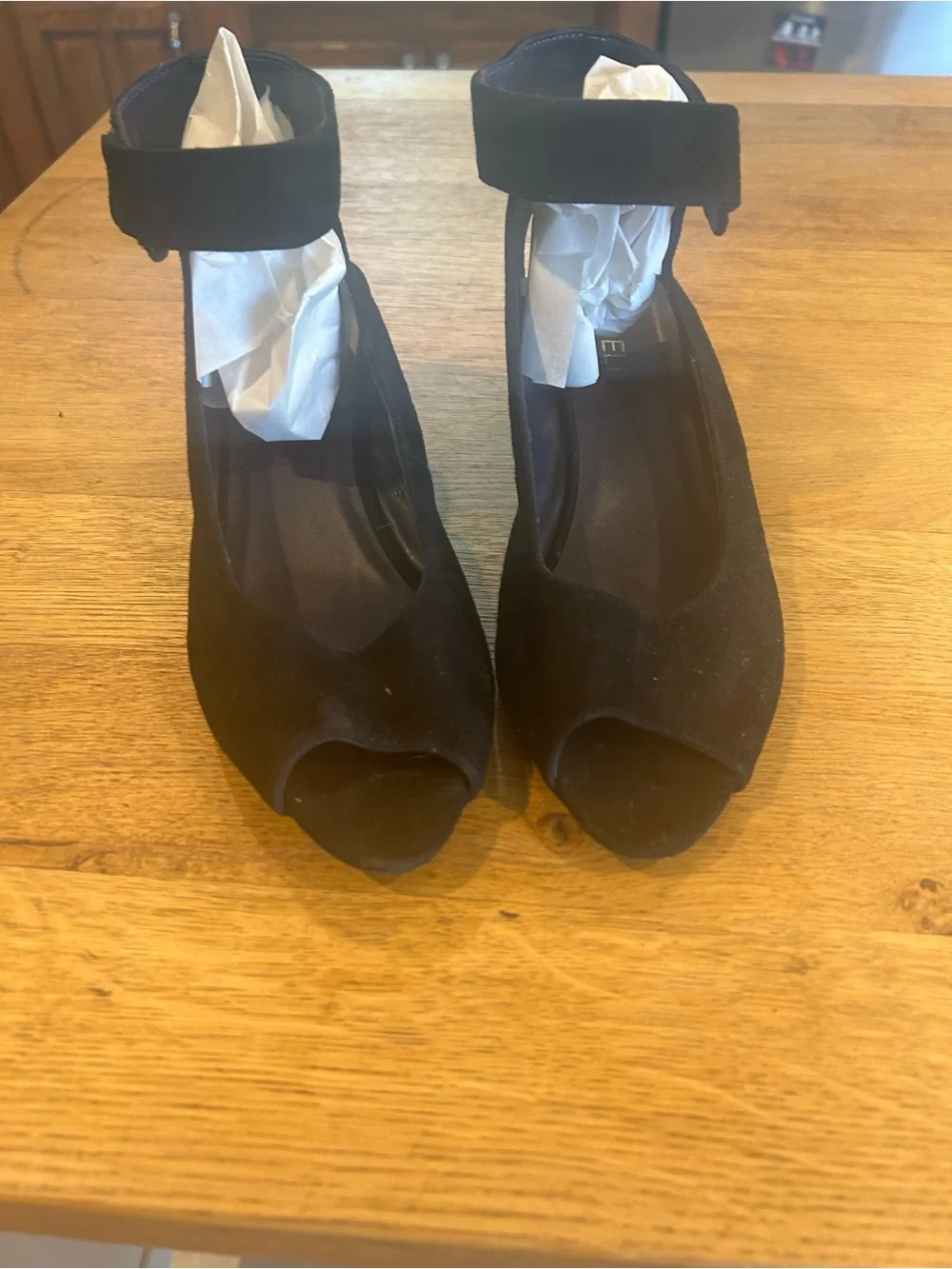 Vaneli Black Suede Peep-Toe Wedge Sandals with Ankle Strap